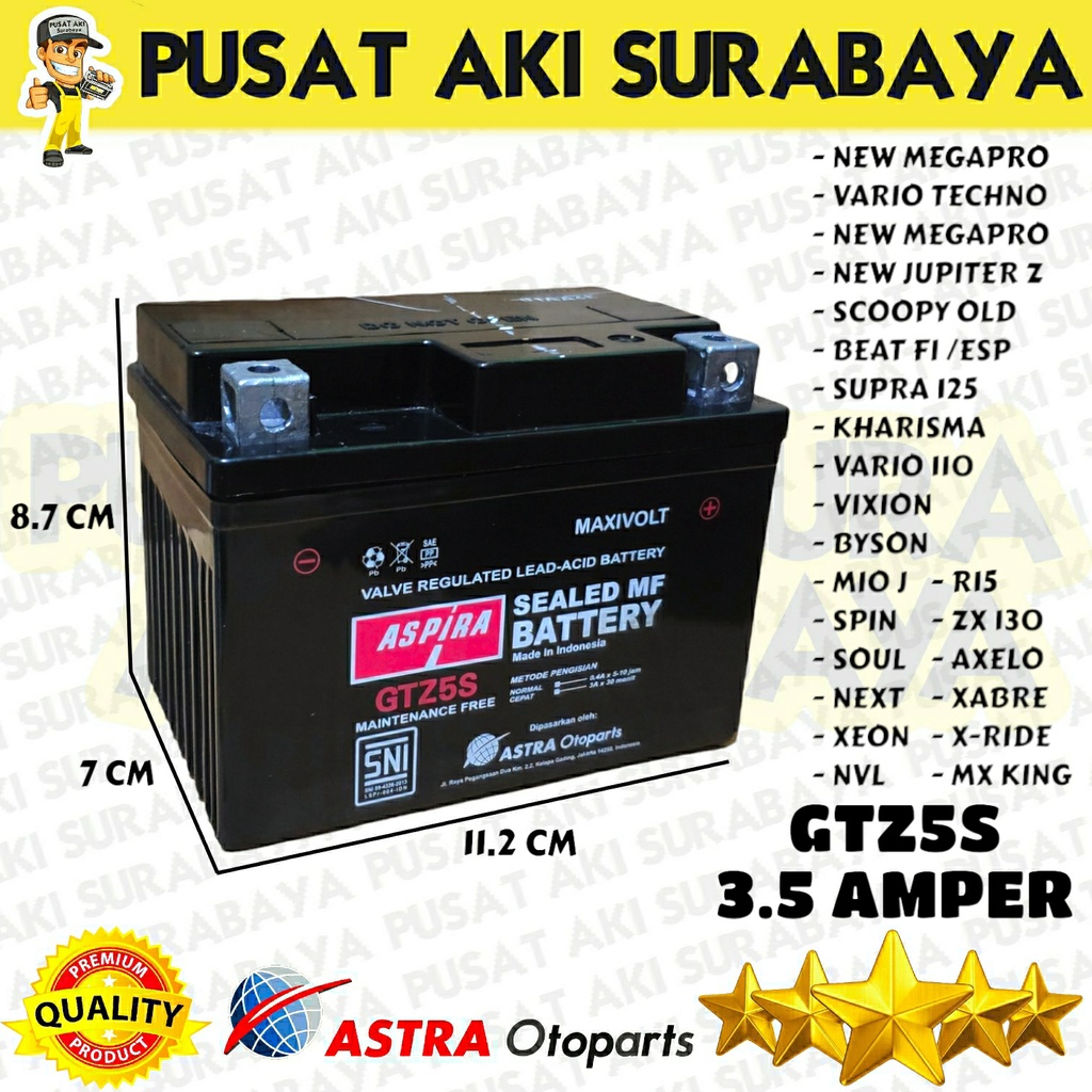 ACCU ASTRA OTOPARTS ASPIRA GTZ5S HONDA BEAT MIO SOUL XEON SCOOPY VARIO SUPRA AKI KERING MOTOR VERZA NEW MEGAPRO DTZ5S YTZ5S YTZ4V MTZ5S