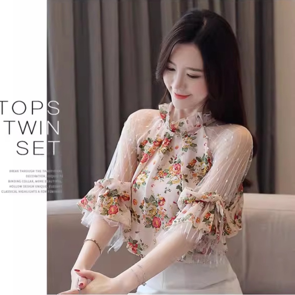 Atasan baju blus blouse kemeja lengan pendek transparan turtle neck motif bunga gaya Korea Cina sang