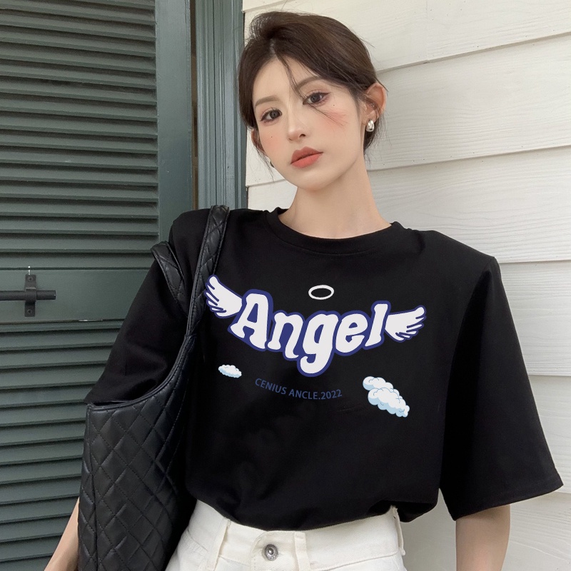 Print T-shirt Kaos Lengan Pendek Cartoon Angel Wings Atasan Wanita Korean Style