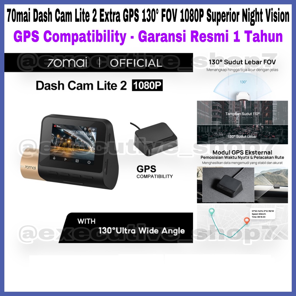70mai Dash Cam Lite 2 Extra GPS 130° FOV 1080P Superior Night Vision - GPS Compatibility - Garansi Resmi 1 Tahun