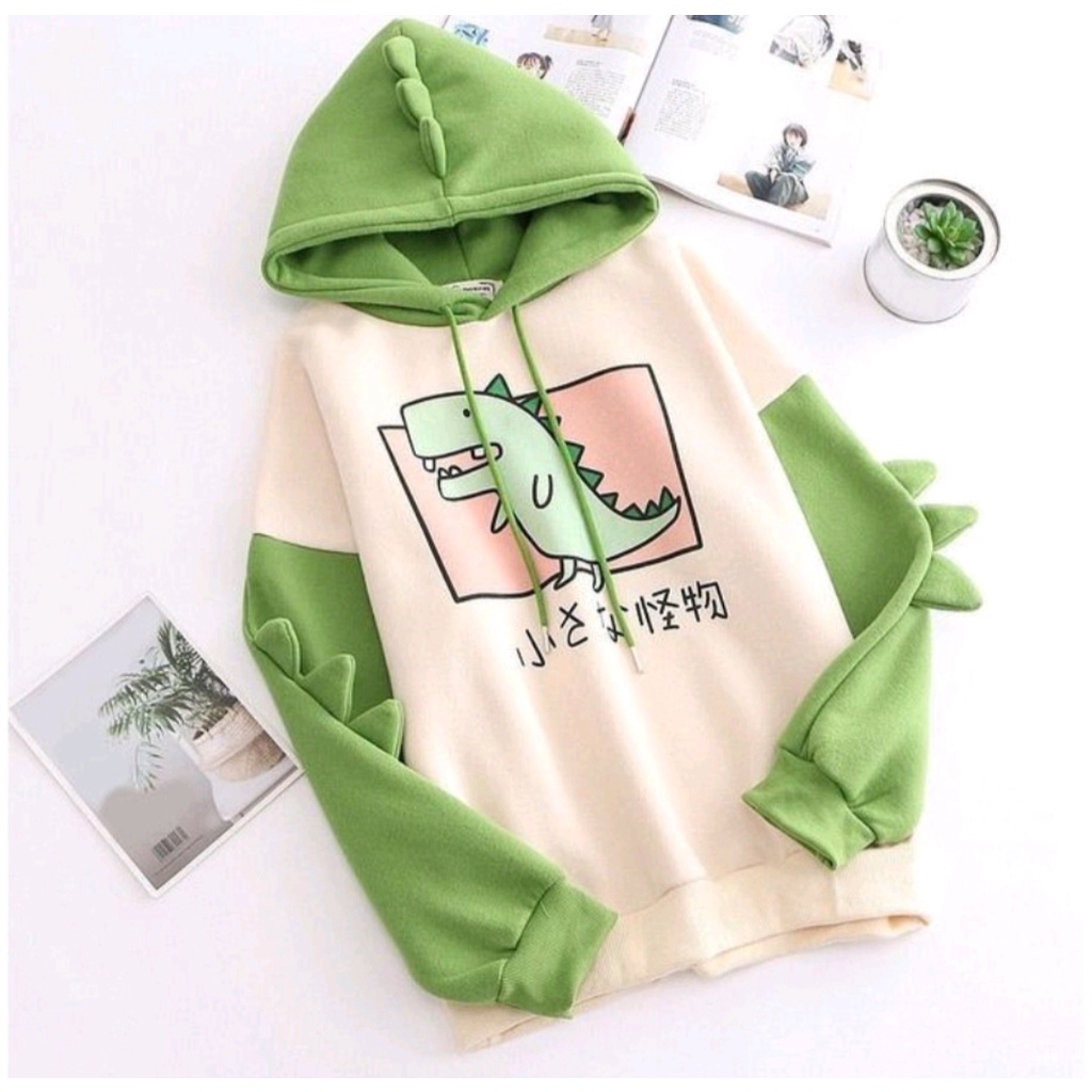 DINOS HOODIE SWEATER WANITA OUTFIT KOREAN STYLE ATASAN JUMPER MOTIF LUCU HOODIE CUTE GIRL