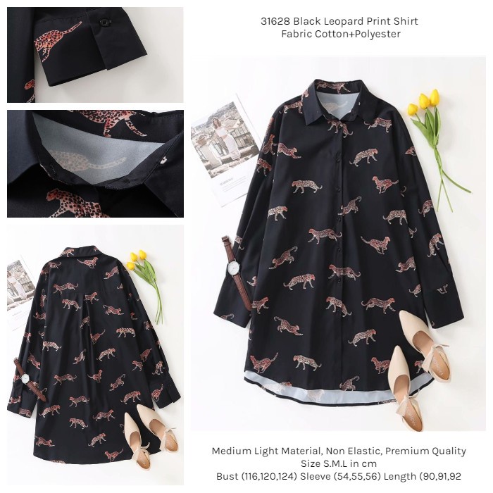 31628 Kemeja Hitam Wanita Oversize Jumbo Lengan Panjang