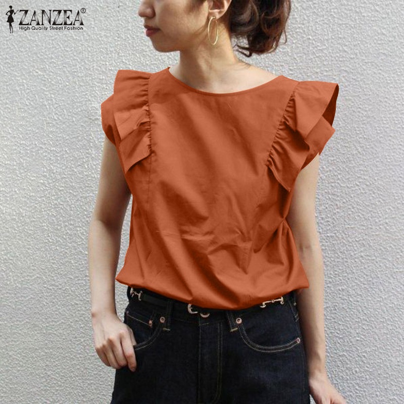 ZANZEA Women Korean Fashion Solid Ruffled Sleeveless Slim Casual O Neck Blouse