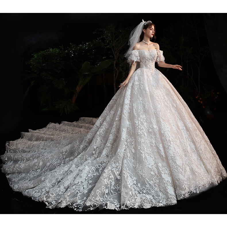 Renda Gaun pengantin Lengan Panjang Ekor Panjang Women Bridal Dresses Wedding Ballgown