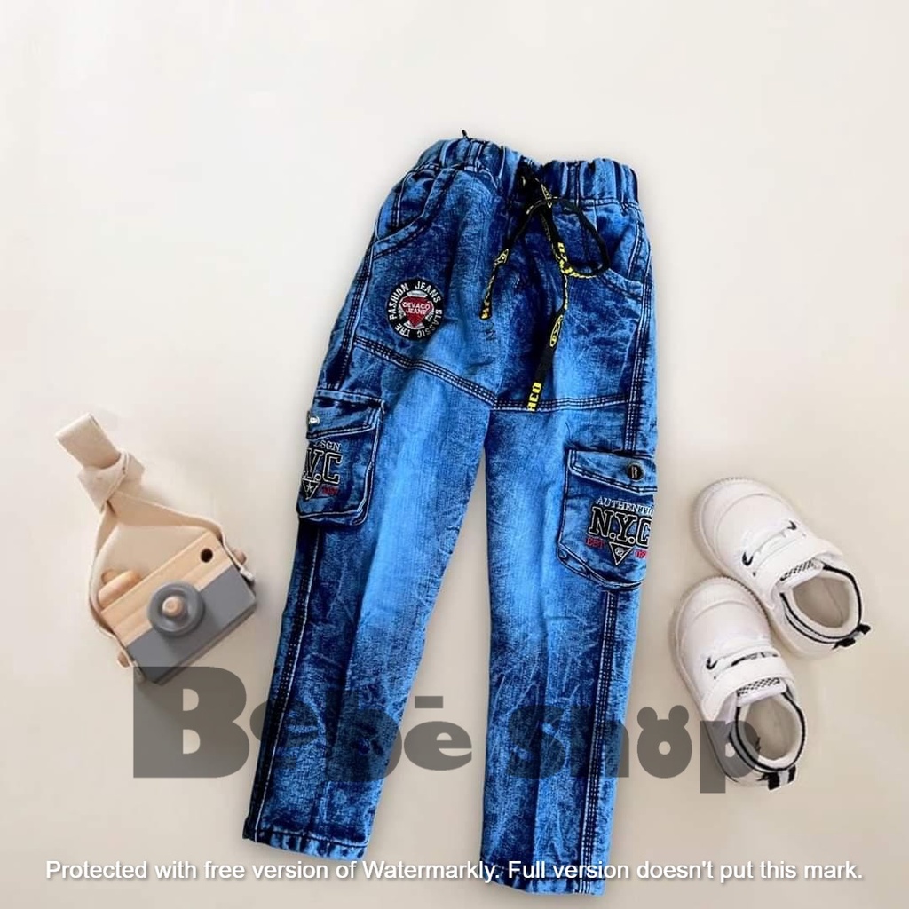 Celana Jeans cargo anak laki-laki bahan denim warna hitam usia 3  sampai 12 tahun