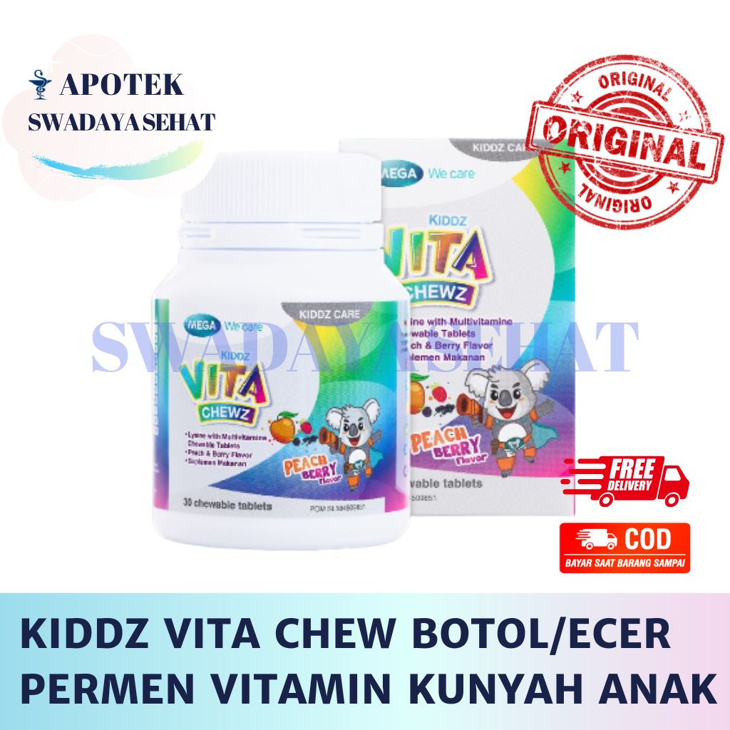 KIDDZ VITA CHEWZ Botol Ecer - Permen Vitamin Kunyah Anak Peach Berry Mega We Care