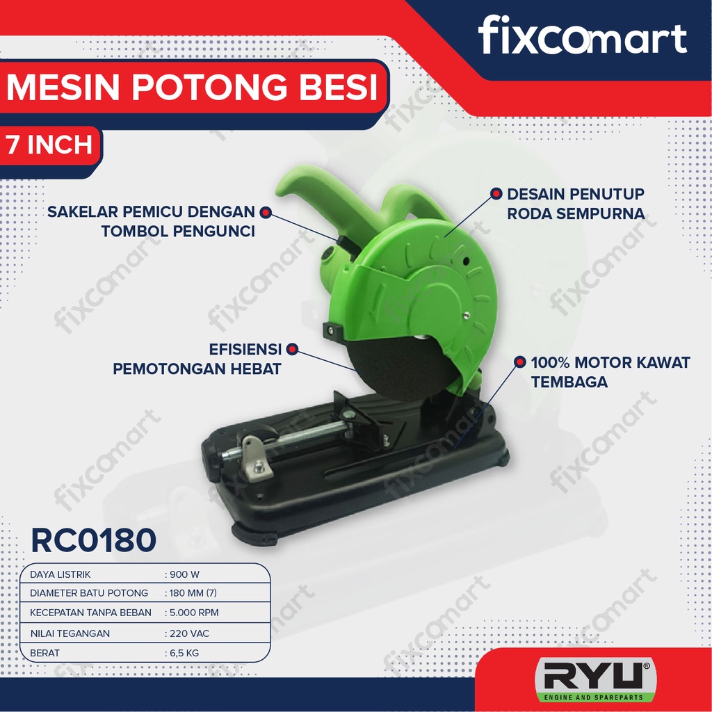 Ryu Cut Off / Mesin Potong Besi 7 Inch Rco 180 900 Watt