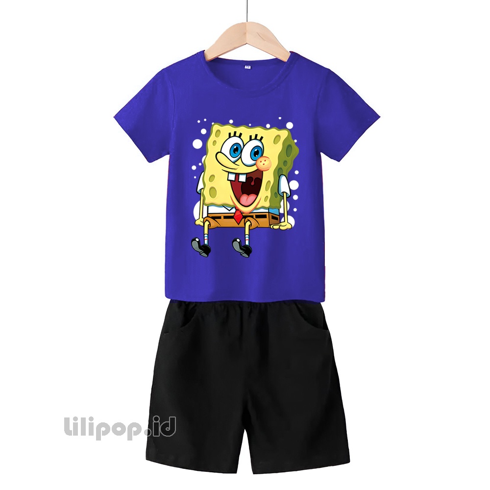 Baju Anak Stelan Kaos 3/4 sponge bob Cowok Cewek  Usia 2 - 7 Tahun Celana Pendek Harian