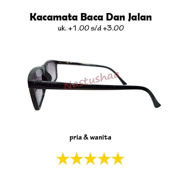 Kacamata Baca dan Jalan (+) Lensa Gelap Uk. +1.00 s/d +3.00 Bingkai Persegi Panjang Gagang Per Kacamata Double Fokus Normal Plus Unisex NOCASE