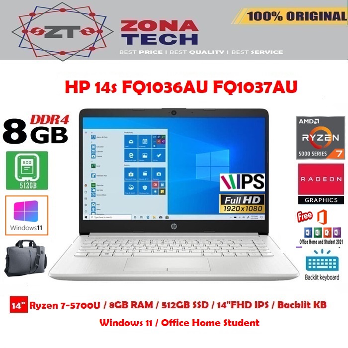 HP 14s FQ1036AU FQ1037AU - RYZEN 7-5700U - 8GB - 512GB SSD - BACKLIT KB - 14&quot;FHD IPS - W11 - OHS