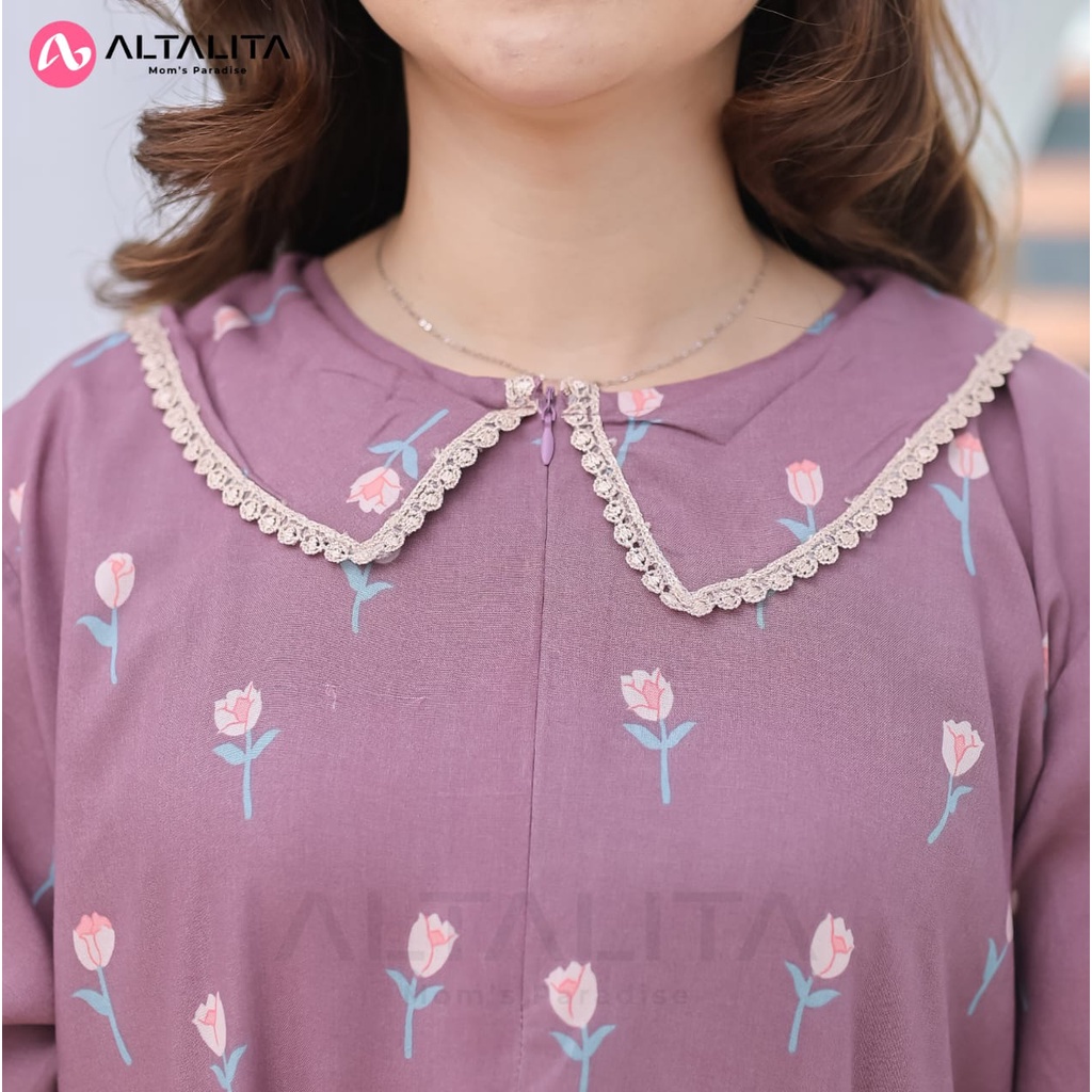 Altalita - Daster Kerah Renda Motif Remaja Kekinian Wanita Busui Panjang Semata Kaki Lengan Pendek Bahan Rayon Premium  Jumbo LD 120