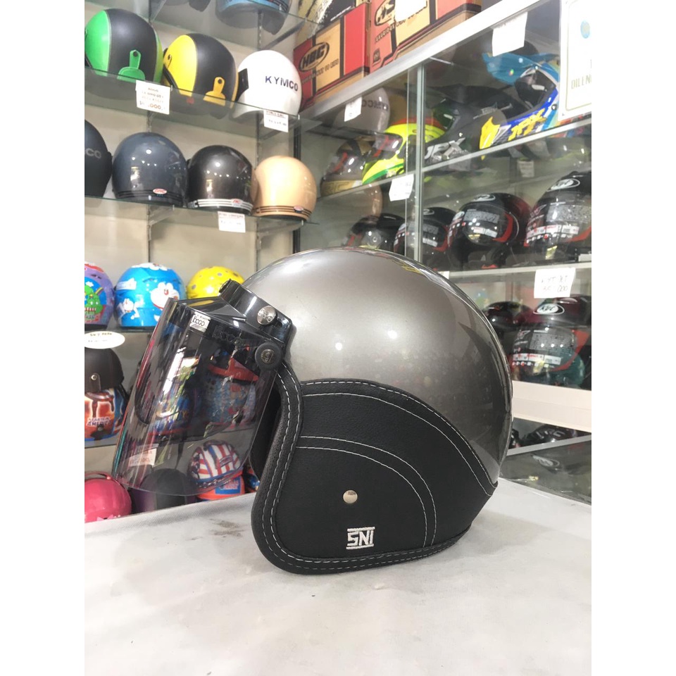 Aizo Helm Semi Kulit Half Face Kaca Bogo Datar Original Abu Glossy StandarKeamananSNICODKardusBubble