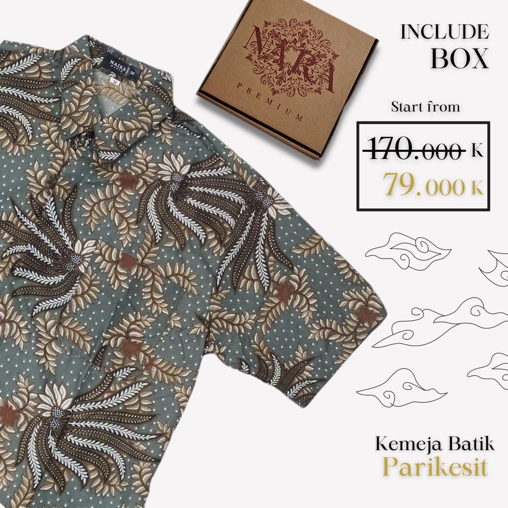 Nara | Batik Pria Modern Lengan Pendek | FREEBOX SPESIAL | Hem Batik Pria Jogja Hitam Parikesit