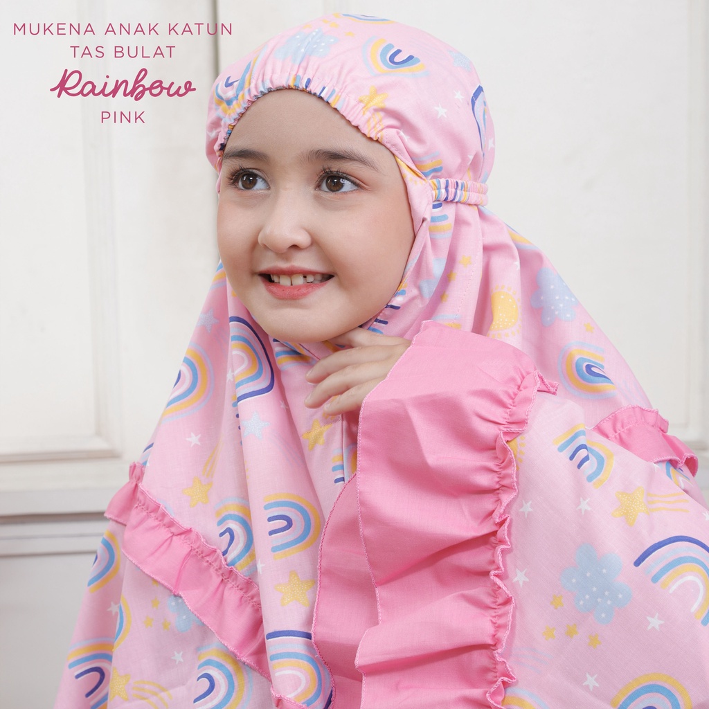 MUKENA BALI TASIK - MUKENA ANAK KATUN MOTIF RAINBOW PINK (TAS BULAT &amp; TAS SAJADAH)