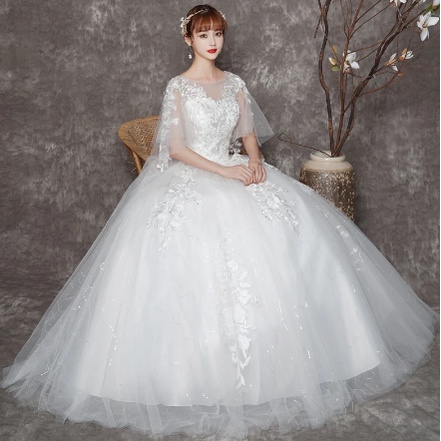 Gaun Pengantin Gaya Korea Grosir Gaun Pernikahan Pengantin Renda Bordir Leher-o Gaun Pesta Putih 2023