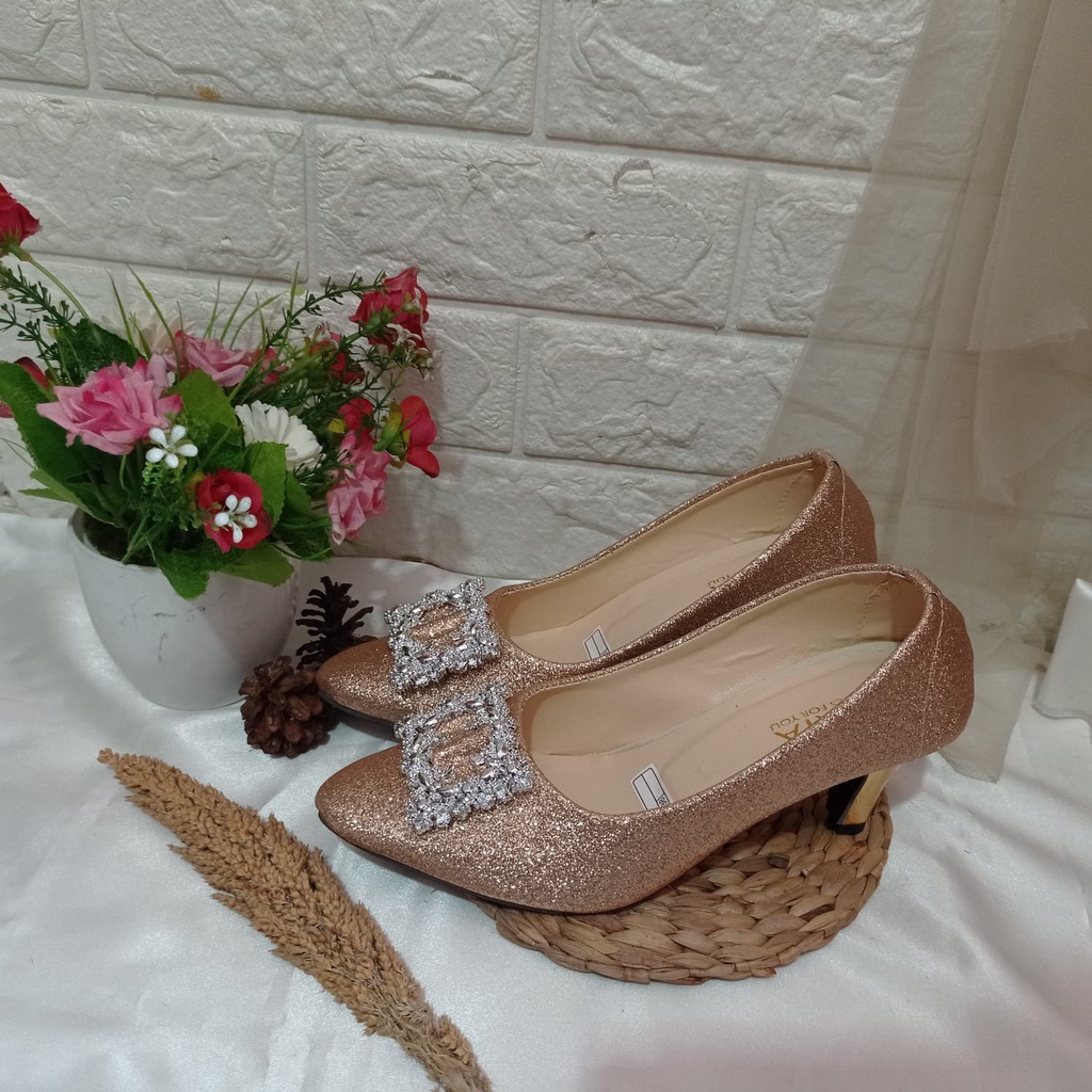 Sandal heels Wanita Gliter Variasi Flower Kotak Berkilau