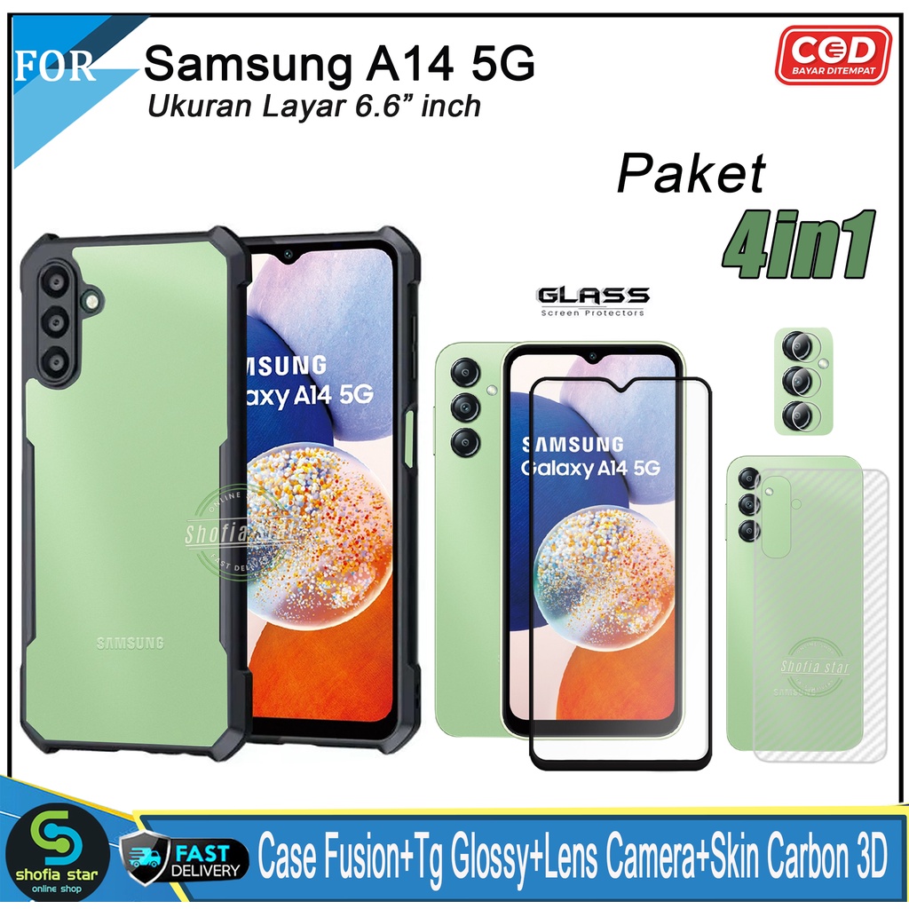 Paket 4in1 Case Samsung A14 5G A24 4G M14 5G A13 4G/5G A12 A23 5G A32 4G A22 4G Softcase Fusion Shockproof Transparan Protect Casing