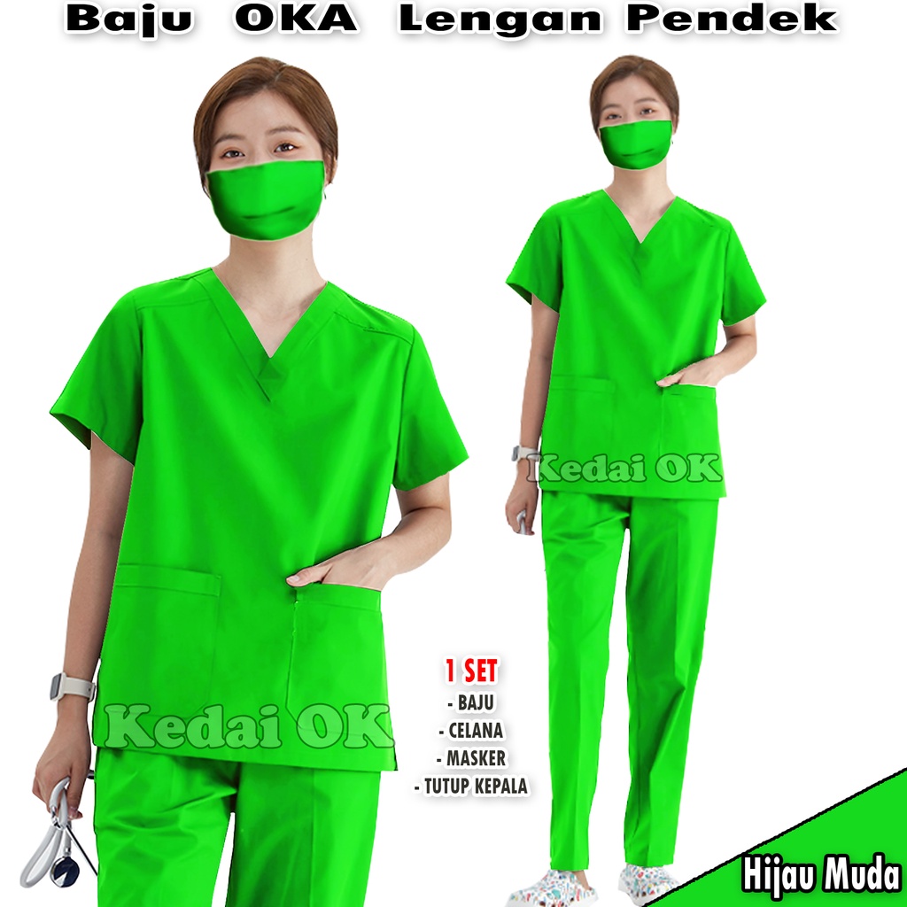 Jual Baju Oka - Seragam Ok Lengan Pendek - Baju Jaga Perawat - Scrub Oka Dokter Bidan - Baju Stenen - Bahan American Drill - Pria dan Wanita