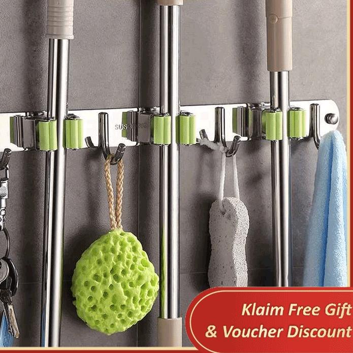 ۝ ES Rak Gantungan Alat Pel Sapu Rak Dinding Tempel Rak Serbaguna Rak Kamar Mandi Rak Stainless Stee