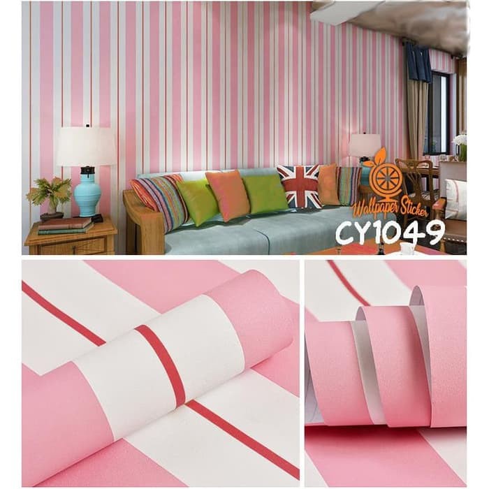 PREMIUM Wallpaper Pink Salur Garis Wallpaper Stiker Dinding Sudah Ada LEM Tinggal Tempel 45cmX10m