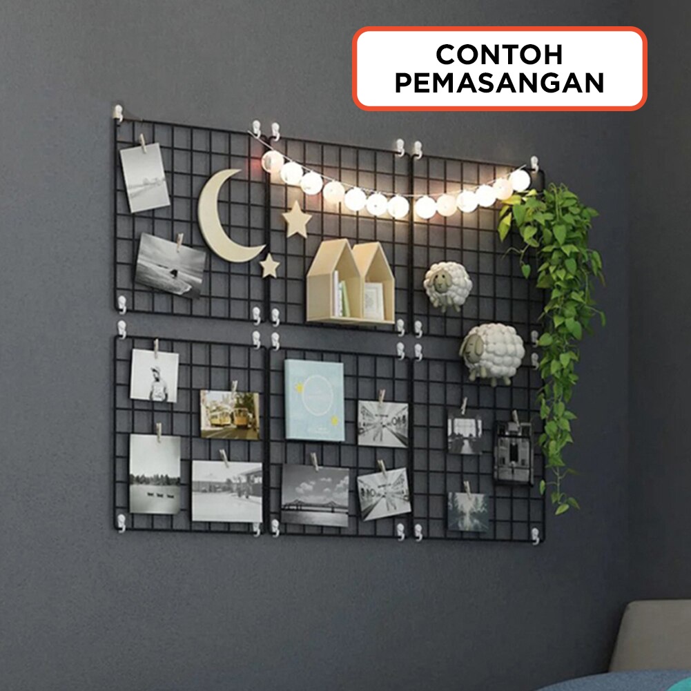 Hijang Segi 35 Hiasan Kerajang Besi Organizer / Rak Dinding Gantung Foto Frame Wire Grid Mesh Hijan Baru