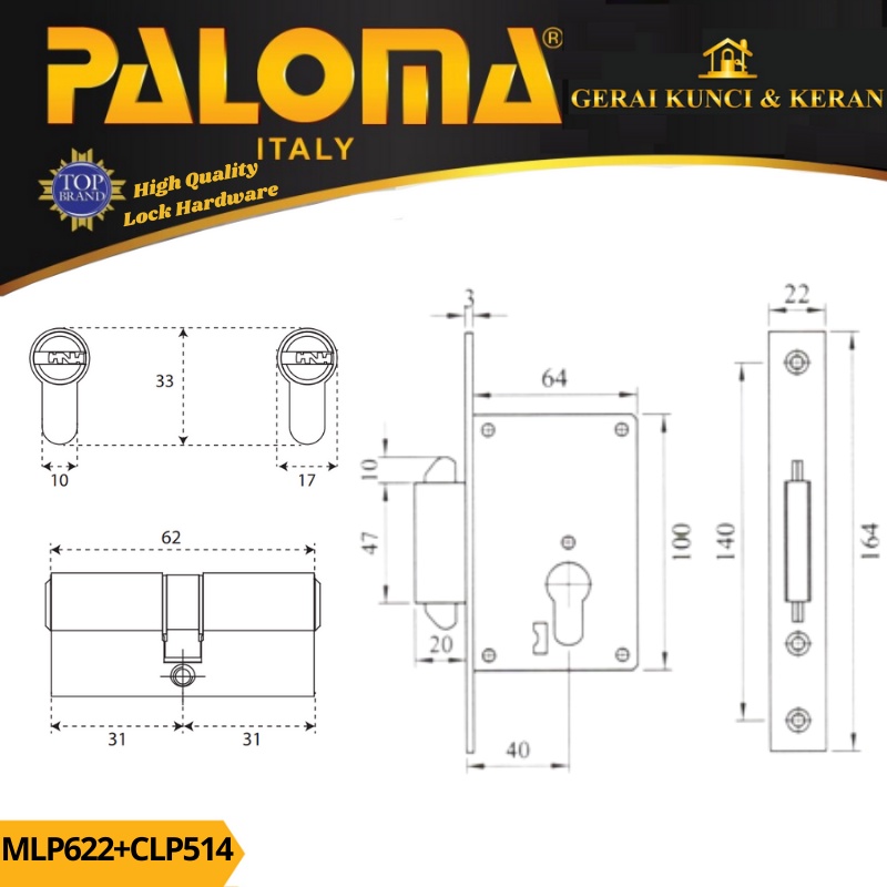 PALOMA MORTISE LOCK CYLINDER MLP 622 CLP 514 BODY KUNCI SLIDING 40MM CYLINDER 62MM KOMPUTER KEY SN