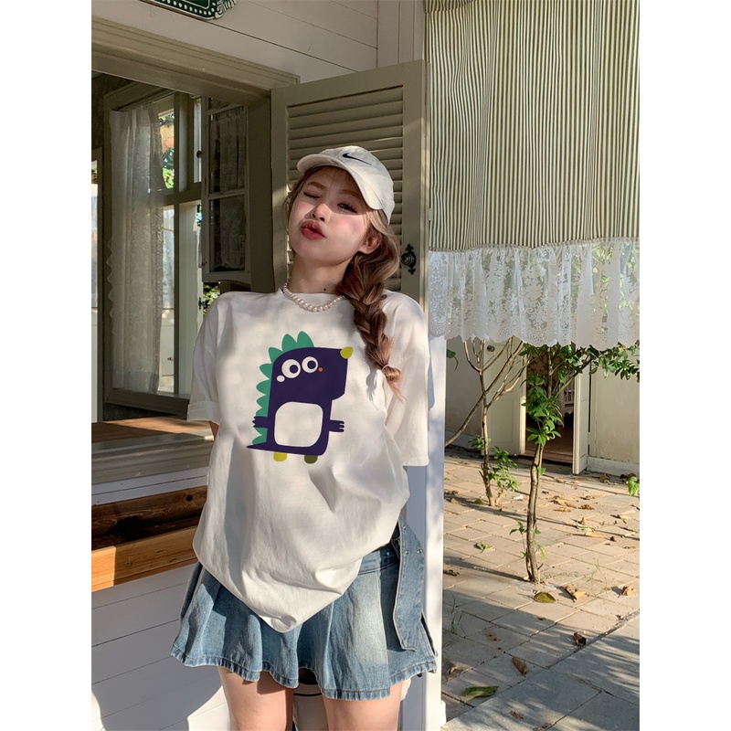 EUNII T-shirt Lengan Pendek Cartoon Dinosaur Korean Style/Kaos Atasan Wanita/Baju Kaus Oversize Wanita/Kaos Wanita