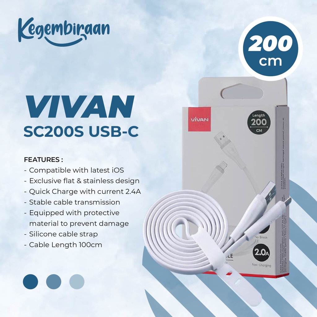 VIVAN SC200S Charging Cable Type-C 2 Meter 2.4A 200cm Kabel Data USB C