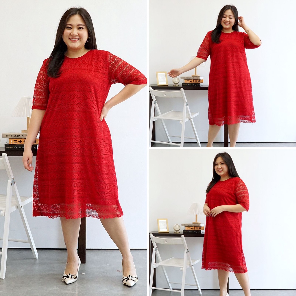 (Jamin RealPic) Dress Ivana Big Size Brukat Malika Jumbo / Dres Brokat XXL / Dress Bigsize XL Malika / Dress Brokat / Dress Natal Imlek / Dress Gereja / Dress Murah