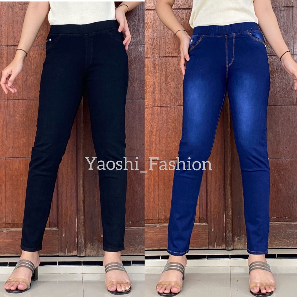 Celana Pensil Basic Pants Polos // Celana Baggy Jeans Wanita Pinggang Karet Leging Denim Streat