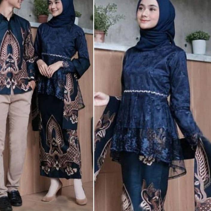 ◙ Couple Kebaya Modern Baju Wisuda Tunangan Lamaran Terbaru Baju Batik Brokat Couple navy ♪