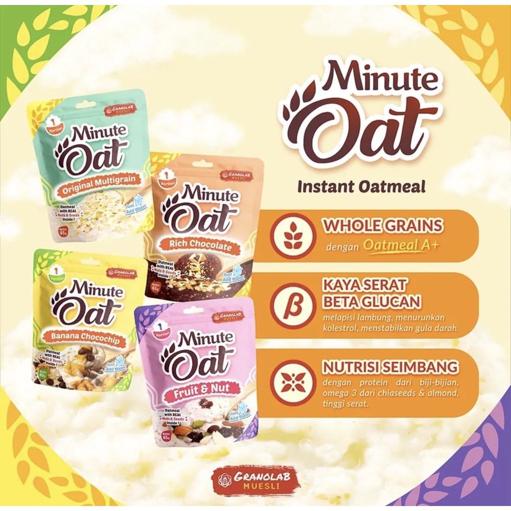 GRANOLAB Minute Oat 65g - Instant Oatmeal - Whole Grain - Kaya Serat - Sarapan Instan Sehat