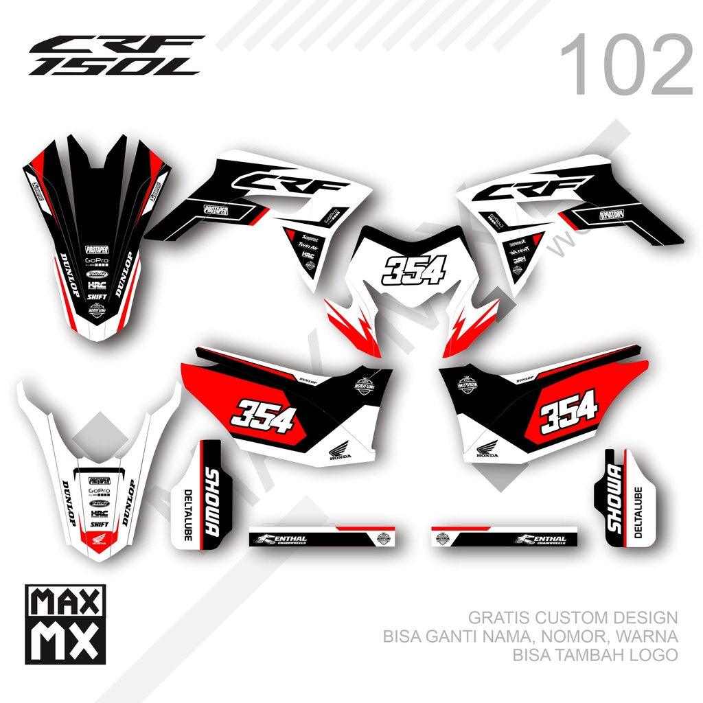 STIKER DECAL SUPERMOTO CRF 150L 102 RACING PUTIH HITAM