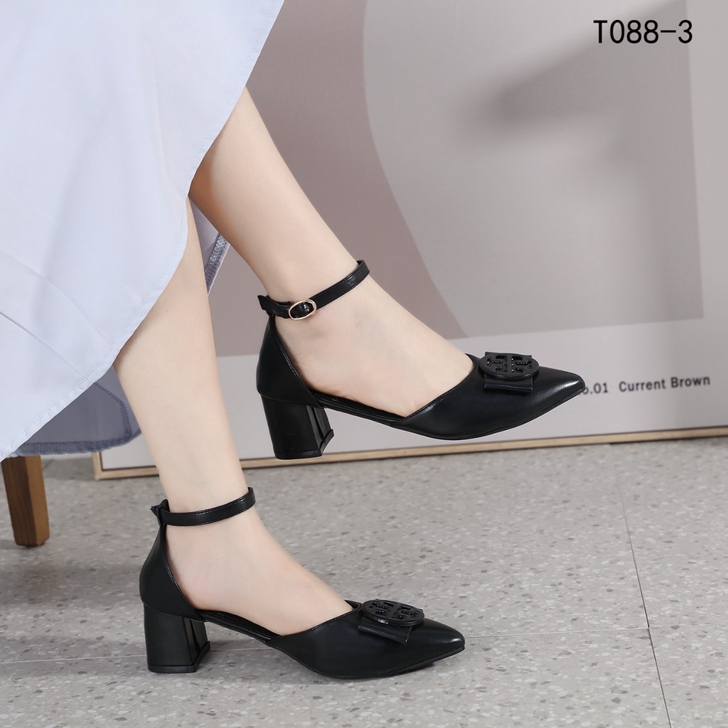 TB Logo Bow Ankle Strap Pump Block Heel T088-3