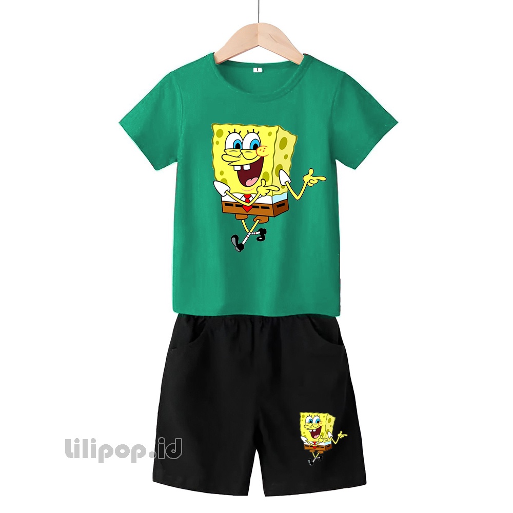 Baju Anak Stelan Kaos 3/4 Spongebob Cowok Cewek  Usia 1 - 4 Tahun Celana Pendek Harian