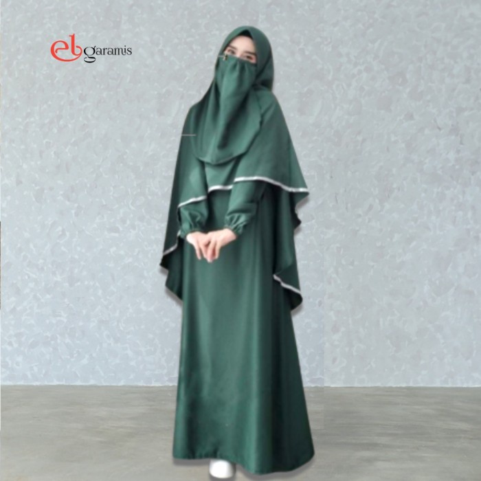 Gamis Wanita Syari Jumbo Baju Muslim Setelan Set Hijab Khimar Cadar XL - hijau botol, all size Q5Q5