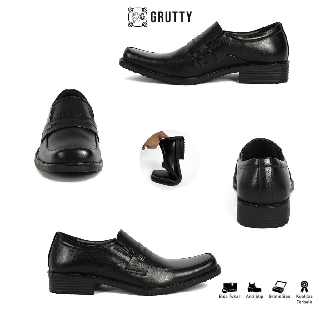 Sepatu Pria Formal Pantofel Kerja Kulit model slip on Grutty DC003 Hitam