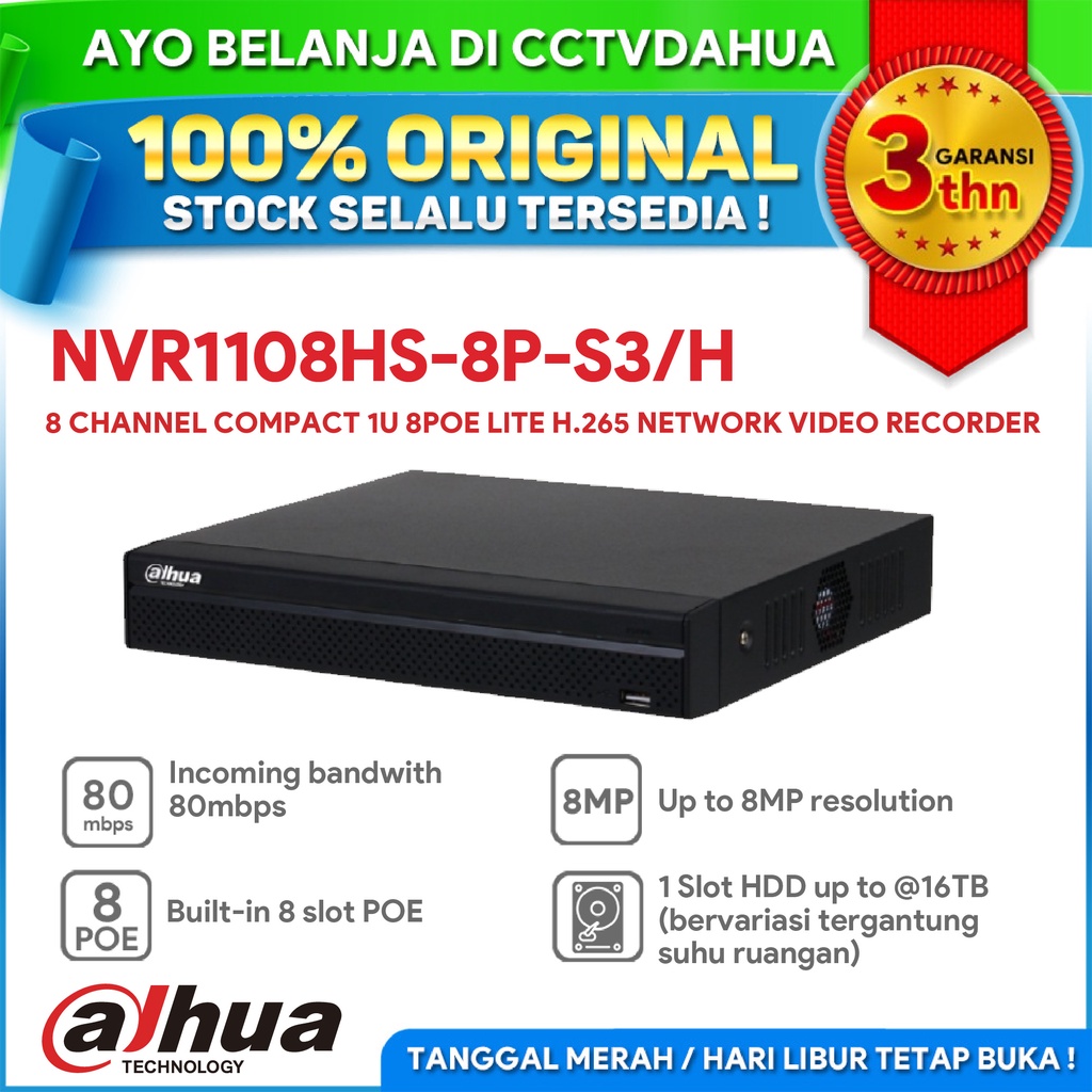 DAHUA NVR1108HS-8P-S3/H 8CH COMPACT 1U 8 SLOT POE 1 SLOT HDD H.265