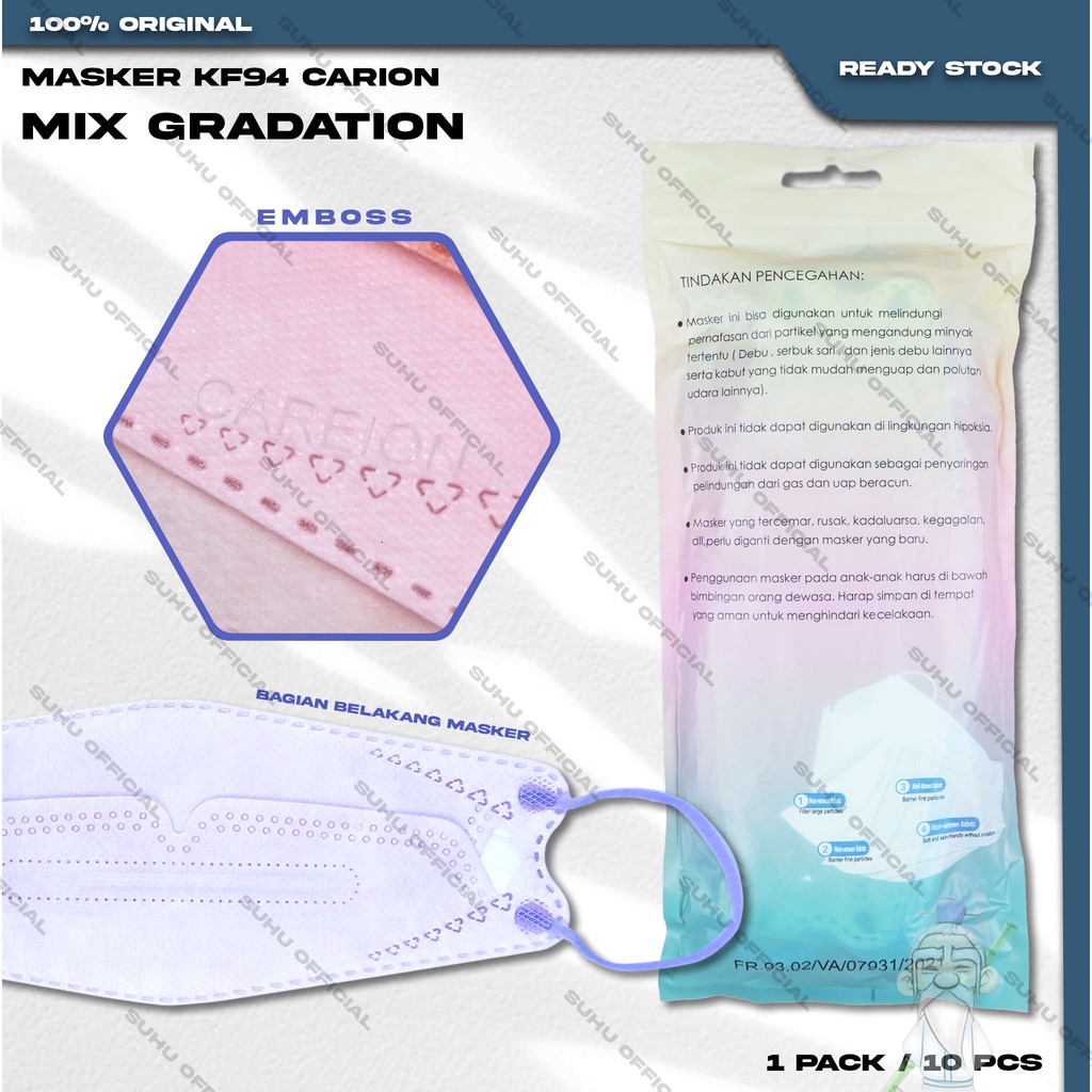 Masker KF94 CAREION 4Ply isi 10Pcs Gradation Series Mix Warna Korea KF 94 4 Ply Earloop Surgical Mask Kemenkes