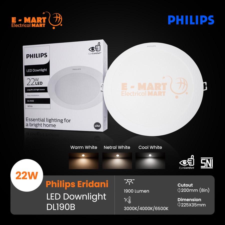 Downlight LED PHILIPS ERIDANI 22W 8inch 22 Watt DL190B 22 W 22Watt - Putih 65K