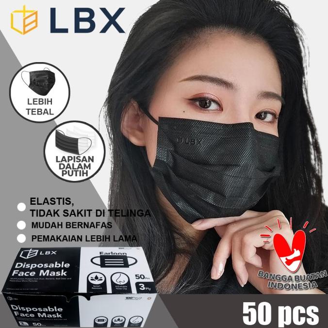 LBX Masker Premium Earloop 3Ply 3 ply Tebal Cantol Hitam Black isi 50