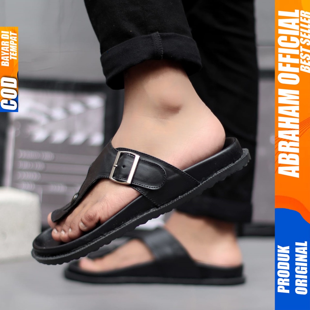 Sepatu Sandal Pria Casual Kulit Asli Sendal Traveling Pria Hitam Abraham Robin