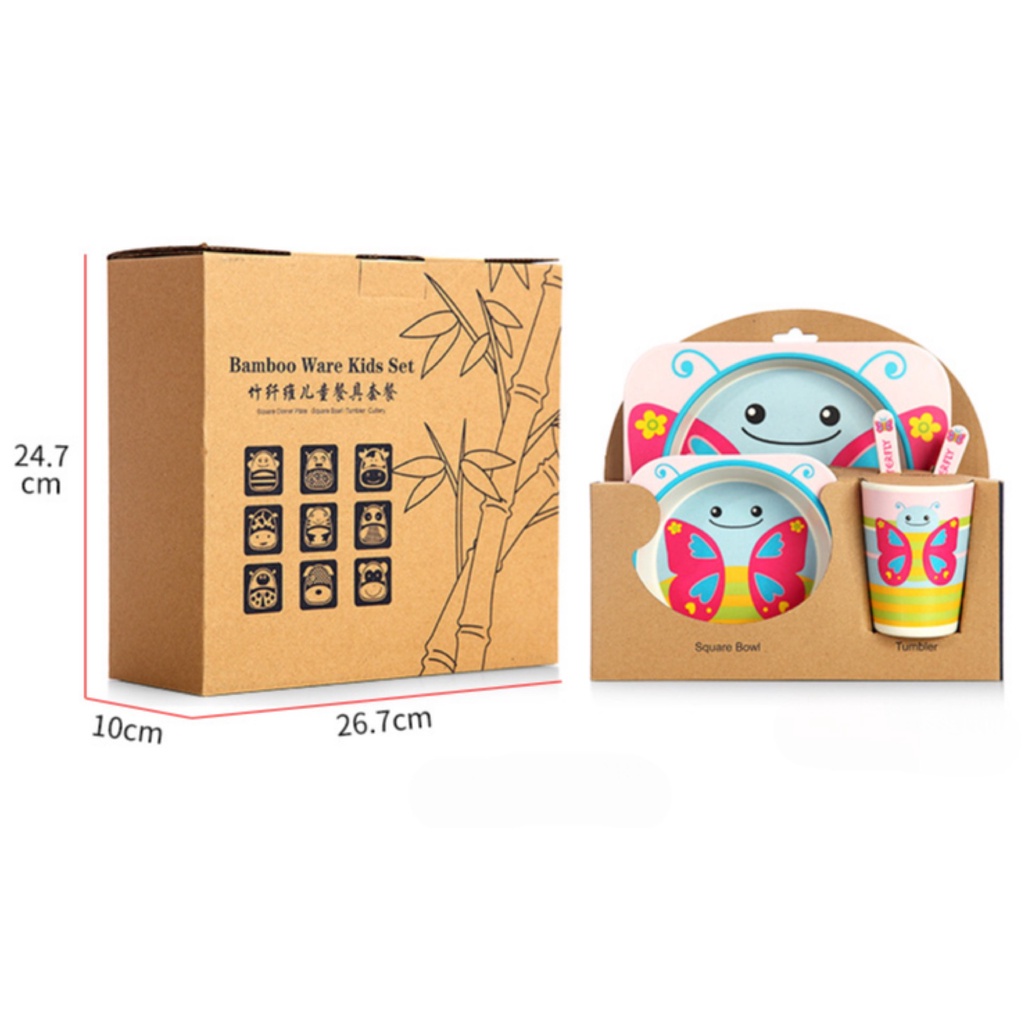 T24 - 5 PCS Feeding Set Bamboo Set | Alat Makan Anak Karakter Lucu | Perlengkapan Makan Anak Bayi 5in1 MPASI