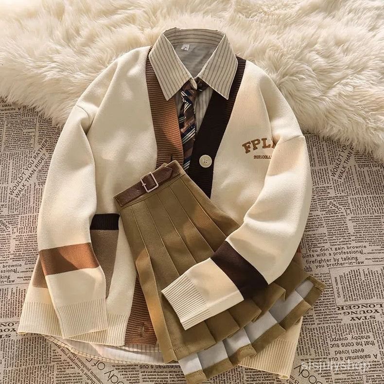 [✅BISA COD] #Sisjuly# Setelan busana wanita kemeja bergaris gaya perguruan tinggi baru jaket rajutan