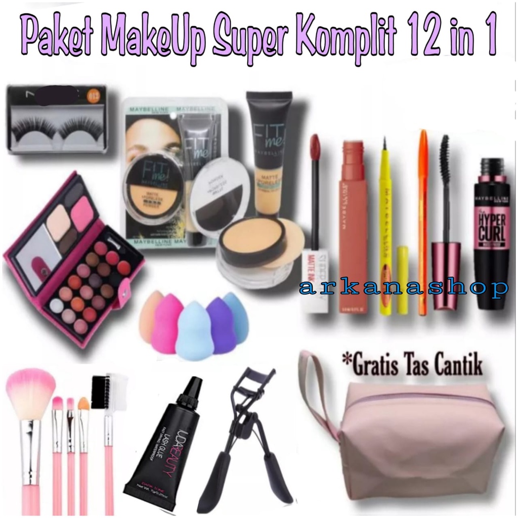 Paket Make Up Komplit 12 in 1 / Paket Kosmetik Maybelline Fit me Lengkap 12 In 1 / Paket Kecantikan / Makeup Brush