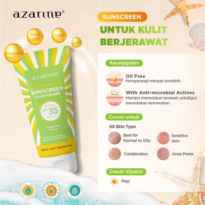 Azarine Cicamide Barrier | Calm My Acne Sunscreen Moisturizer 40ml Azarin Suncreen Moist Tabir Surya