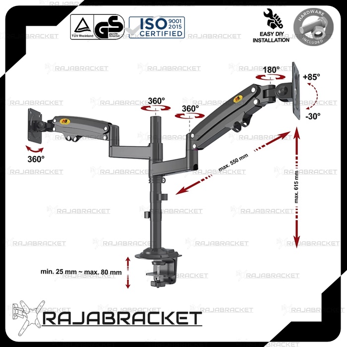 Bracket Monitor 22 - 32 inch, Full Motions Dual Arm Monitor Gas Spring Stand Desk Mount NB H180