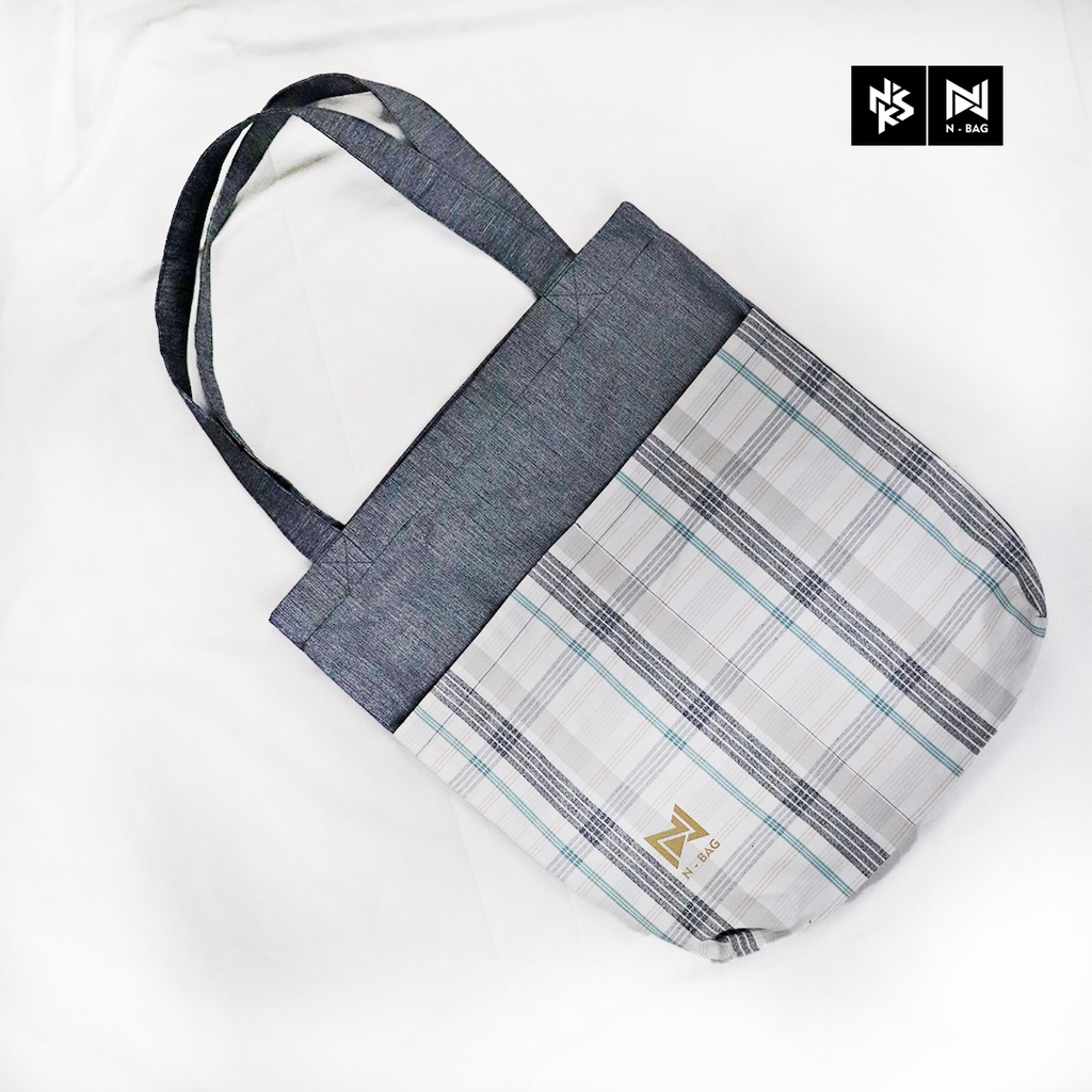 N-BAG 3 - Tas Tote Bag Bahan Full Katun Yarn Dyed Variasi Motif Kotak + FREE POUCH - Unisex - Original Nakusa