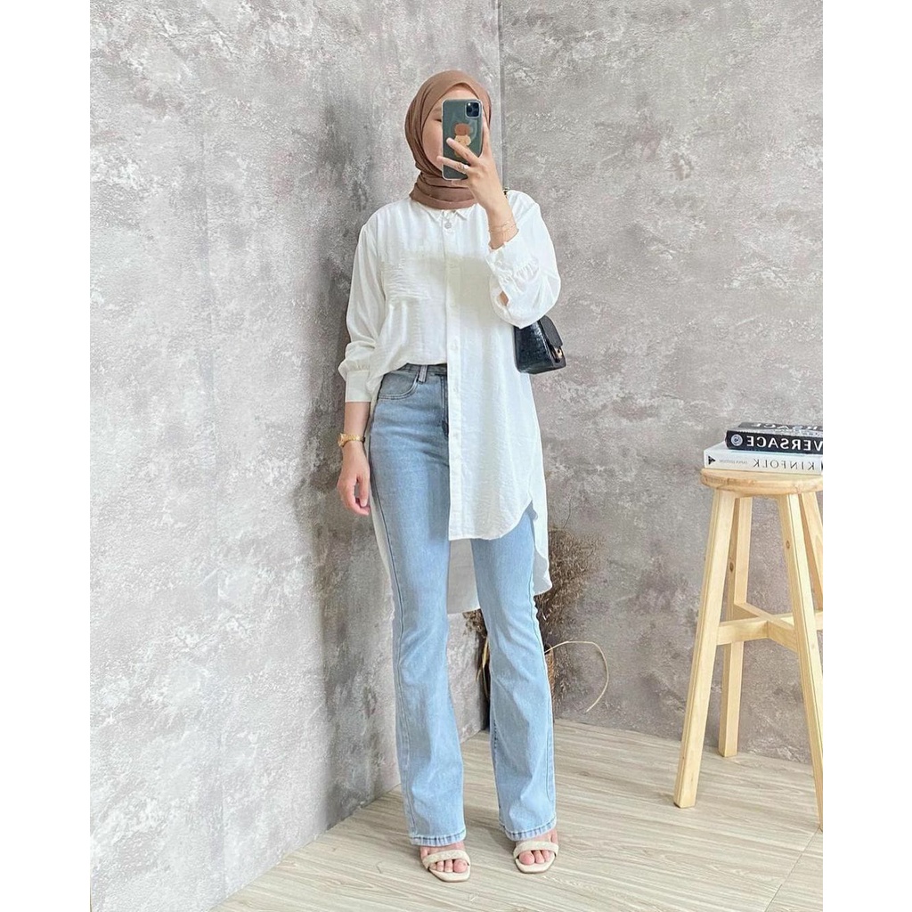 Ivana - Long Tunik Hijab / Tshirt Oversize / Kemeja oversize Bahan crinkle tebal adem / atasan baju wanita lengan panjang / kemeja basic polos simple full kancing depan