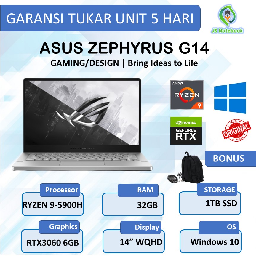 ASUS ROG ZEPHYRUS G14 GA401QM RTX3060 6GB RYZEN 9 5900H 32GB 1TB SSD WINDOWS 11